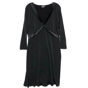 BCBG Paris Satin Trim V Neck Black Matte Jersey Midi Dress XL Classic Chic LBD